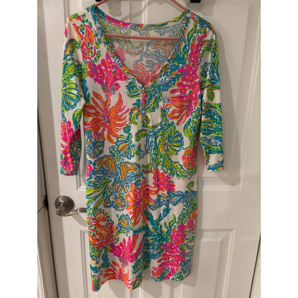 Lilly Pulitzer Floral Tunic‎ Dress 3/4 Sleeve V-Neck Casual Colorful